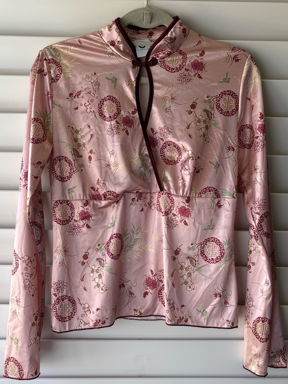 Vintage Ellemenno Pink Satin Floral Asian Inspired Chinoiserie Cheongsam Top L